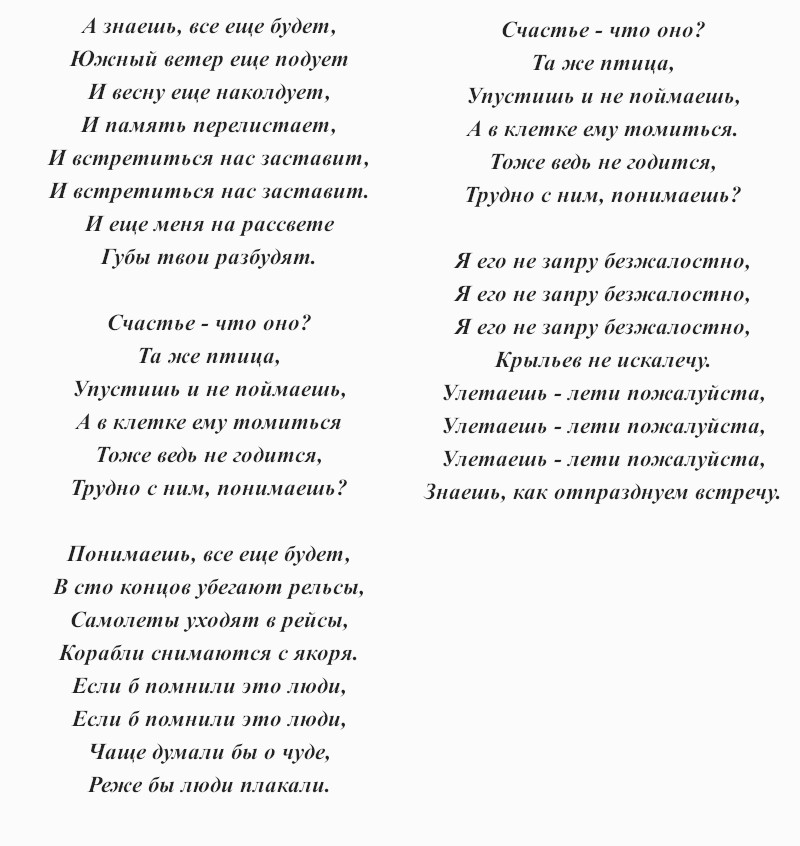 текст песни Аллы Пугачёвой «А знаешь, всё ещё будет»