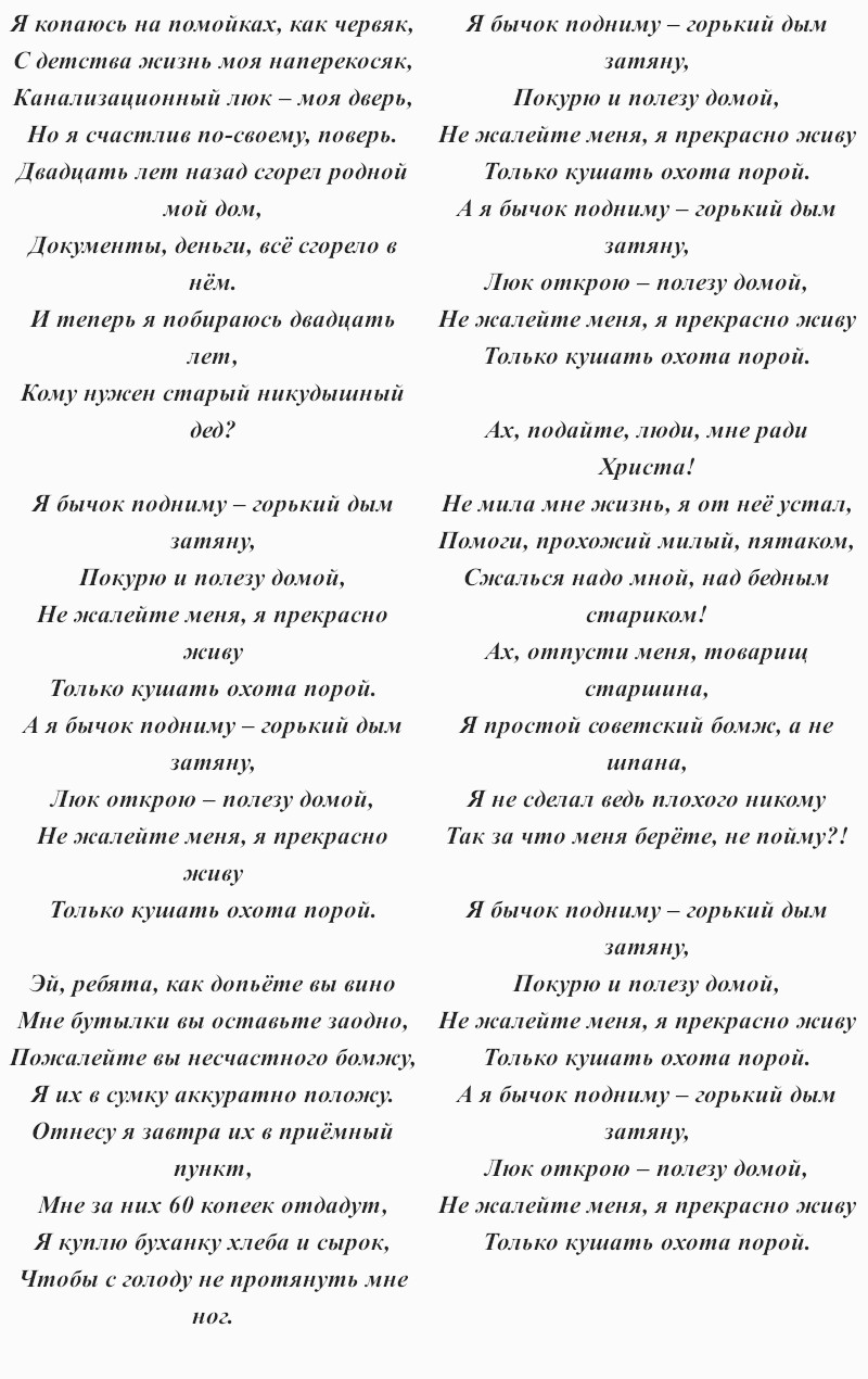 текст песни Сектор Газа «Бомж»