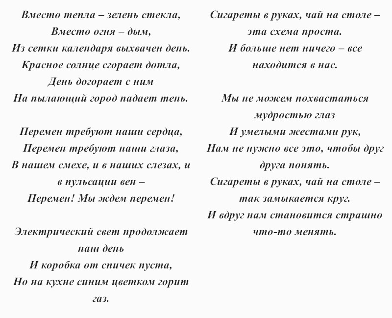 текст песни Виктора Цоя «Хочу перемен!»